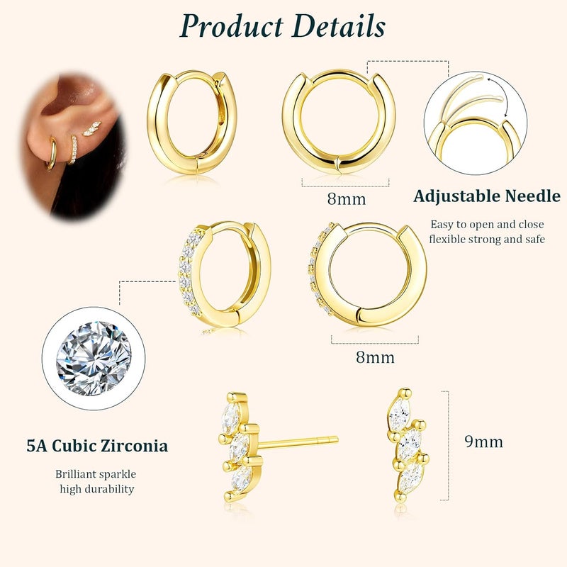 Poxtex Small Sterling Silver Huggie Hoop Earrings Set for Women, Hypoallergenic 14K Gold Plated Hoops Stacks for Multiple Piercings, Dainty Cute Mini Lightweight Cartilage Studs Trendy Jewelry Gift - Image 5